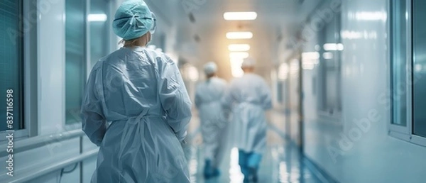 Fototapeta Medical professionals in scrubs walking through a hospital corridor, highlighting healthcare teamwork and the clinical environment.