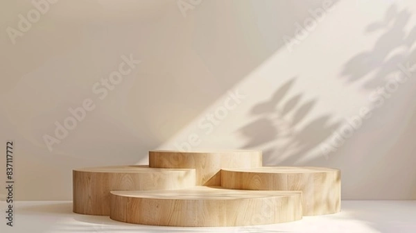 Fototapeta Natural Wooden Display Stand with Soft Light and Shadows in Minimalistic Interior for Product Showcasing and Design Inspiration -Generative AI
