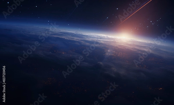 Fototapeta Sunrise over Earth Horizon with Glowing Atmosphere and Meteor in Outer Space