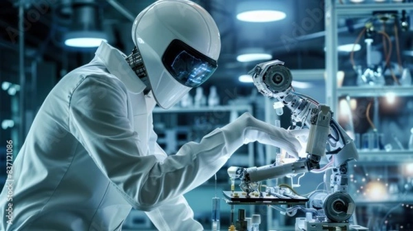 Fototapeta Scientist Testing Advanced Robot - A cyberpunk scientist performs tests on a high-tech robot in a futuristic lab, showcasing the synergy of technology and innovation.