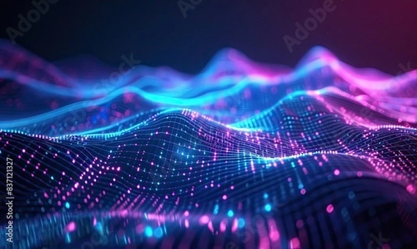 Obraz Abstract Futuristic Digital Lines and Grid Waves Glowing, Big Data and Technology, 3D Render on Dark Gradient Background