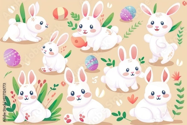 Fototapeta A group of white rabbits sitting next to each other in a charming display of camaraderie.
