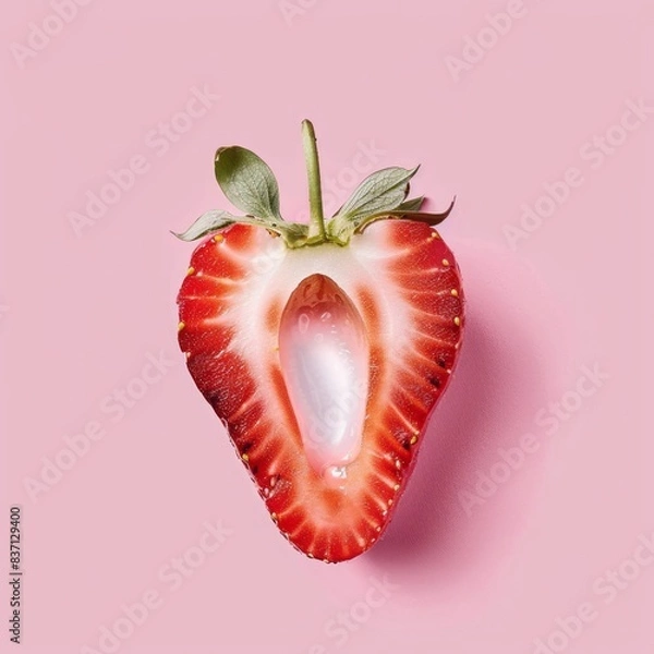 Fototapeta A close-up view of a fresh strawberry cut in half is isolated on a pastel pink background.