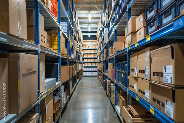 Fototapeta Detailed and organized storage area filled with sturdy shelves and labeled boxes in a modern warehouse. Efficient inventory management concept