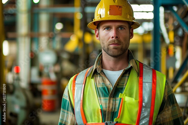 Fototapeta A detailed portrait of a factory worker wearing a hard hat and safety vest while standing in a bustling industrial environment. Workplace safety and dedication concept