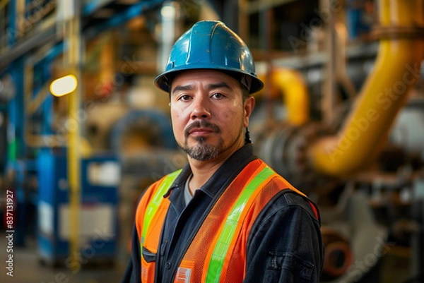 Obraz A detailed portrait of a factory worker wearing a hard hat and safety goggles in a busy industrial setting. Workplace safety and professionalism concept
