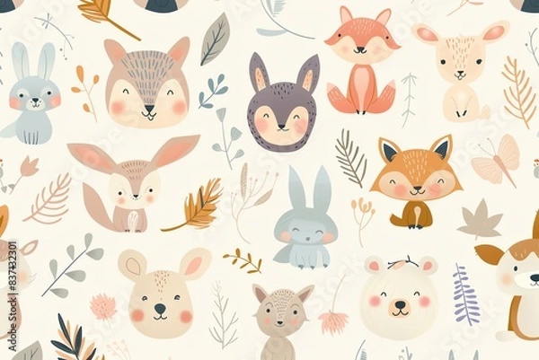 Obraz Cute seamless pattern with woodland animals like fox, rabbit, and deer on a white background.