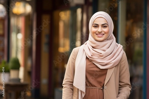 Obraz A woman wearing a pink scarf and a brown jacket is smiling