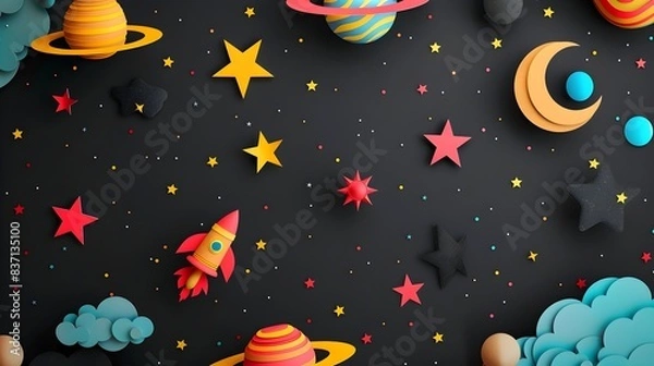 Fototapeta Whimsical Papercraft of Cosmic Celestial Bodies and Constellations against a Black Background