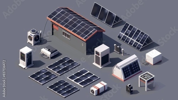 Fototapeta Innovative isometric design of solar panels emphasizing clean, renewable energy.
