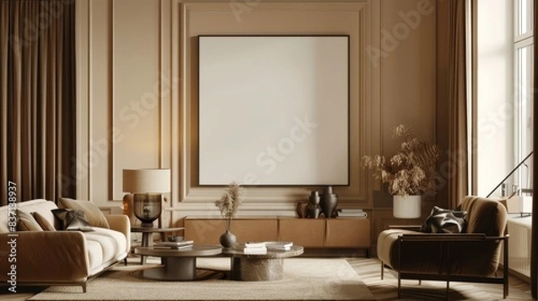 Fototapeta Elegant interior featuring a comfortable chair and chic decor in a minimalist design.