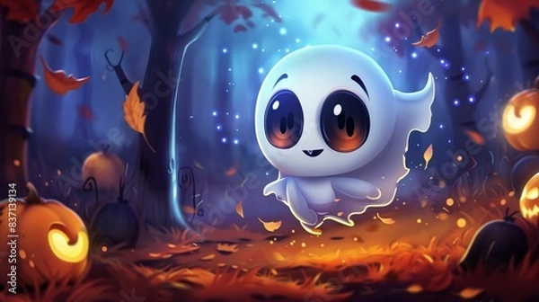 Fototapeta A cute cartoon ghost floats in an enchanted autumn forest