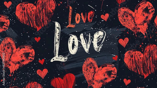 Fototapeta Seamless red and black romantic pattern with hearts and love text