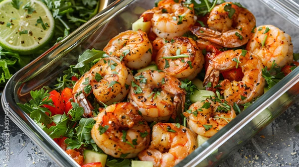 Fototapeta Simple weekly meal planner with shrimp recipes and shopping list