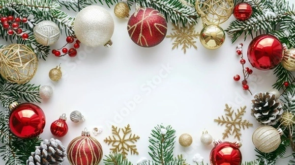 Fototapeta Christmas elements arranged in a festive frame with white background.