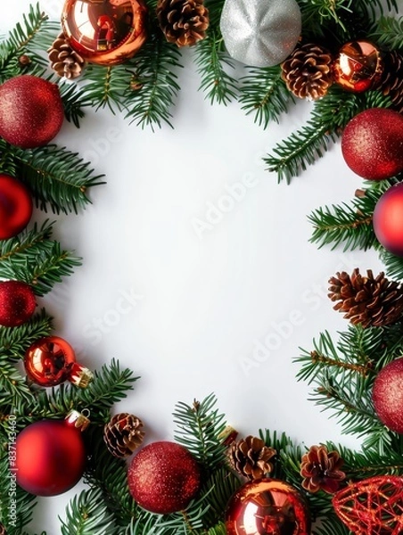Fototapeta Festive decorations with shiny holiday ornaments on white background.