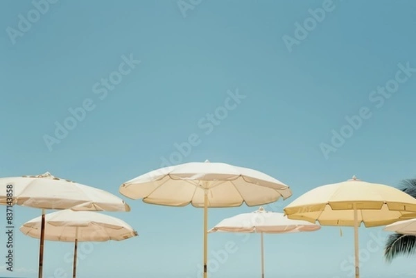 Fototapeta White umbrellas with palm trees on the beach and a clear blue sky.