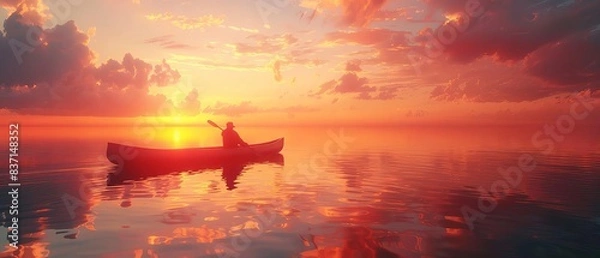 Obraz Silhouette of a person in a canoe on a calm lake at sunset.