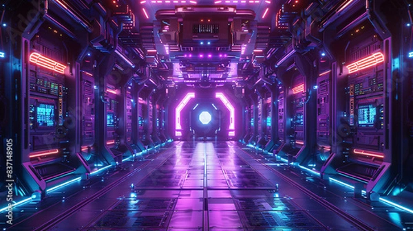 Fototapeta 3D digital game platform with futuristic design elements and neon purple effects