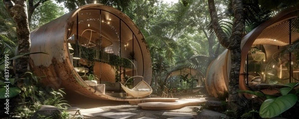 Fototapeta Nature retreat featuring bio-engineered environments, self-sustaining ecosystems with interactive educational tours.