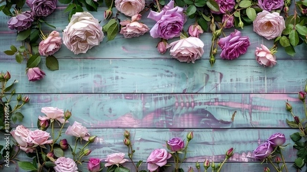 Fototapeta Decorative floral frame with vibrant roses on wood surface.