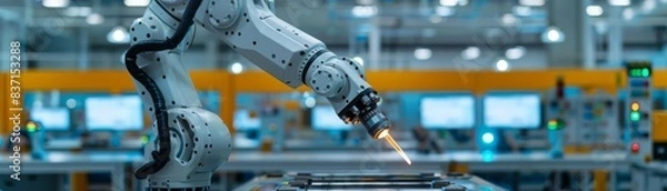 Fototapeta Hightech robotic arm in action within an advanced manufacturing facility, symbolizing precision and automation in modern industry
