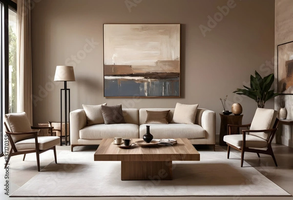 Fototapeta Modern living room featuring a beige sofa, wooden furniture, and abstract art, with warm tones creating a stylish and welcoming space