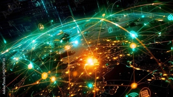 Fototapeta Points of light signify the crossroads of culture and technology, a network beyond physical frontiers.