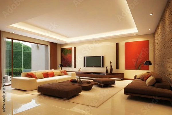 Fototapeta Stylish modern living area featuring luxurious seating, colorful artwork, sleek tv, and a tranquil garden view from expansive windows