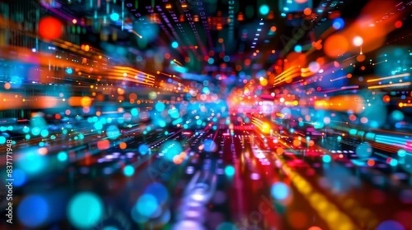 Fototapeta An abstract visualization of a circuit board, where connectivity and data merge into a vibrant cybernetic display.