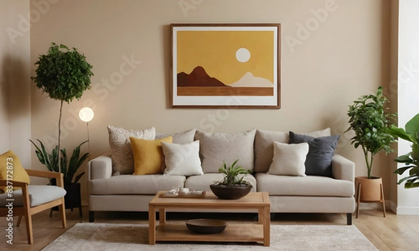 Fototapeta Minimalist living room with a sofa, coffee table, plants, and a painting on the wall. Neutral colors create a serene atmosphere