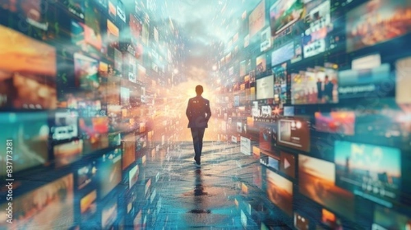Obraz Man amidst a myriad of digital screens, a metaphor for navigating the information overload of the digital age.