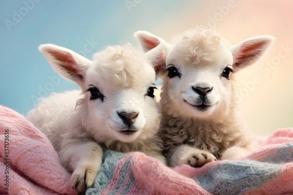 Fototapeta A pair of endearing young lambs nestle together on a soft, pastel-colored blanket, their soft bleats evoking the warmth of their relationship.