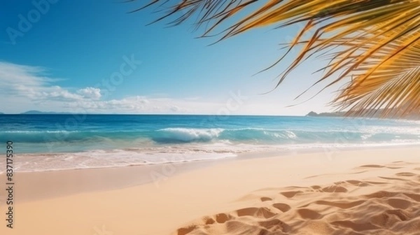 Fototapeta Beautiful wide panorama of a paradise beach with golden sand and palm leaves in blur. Summer banner