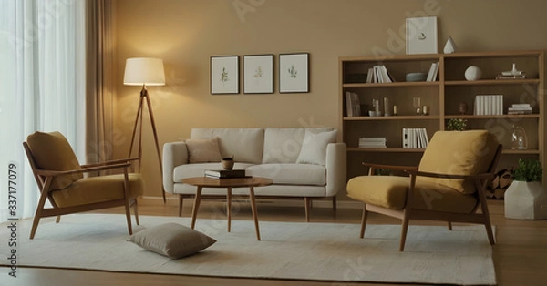 Obraz Modern living room design with sophisticated furnishings, calming neutral colors, and decorative accents for a welcoming and stylish home atmosphere