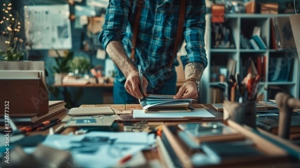 Obraz Bookbinding workshop scene with a craftsman at work, combining the charm of traditional techniques with the precision of modern creativity.