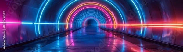 Fototapeta Advanced scifi tunnel illuminated by vibrant neon rings, a visual journey through time or interdimensional space