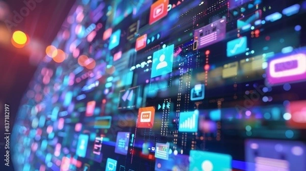 Fototapeta Futuristic server racks with vibrant lights, depicting a high-speed data network.