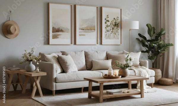 Fototapeta Cozy and welcoming living room with a beige sofa, wooden furnishings, and potted plants surrounded by framed wall art