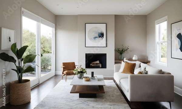 Fototapeta Enhancing a modern interior with minimalist furniture and a large plant for a touch of natural decor