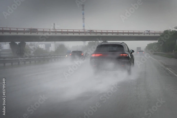 Fototapeta Cars driving too fast in heavy rain on wet roads with poor visibility and the risk of aquaplaning on the highway, dangerous weather for traffic and transportation, copy space, selected focus