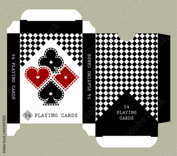 Obraz Playing card tuck box template design with suit symbols and chess background in modern style. Vector illustration.