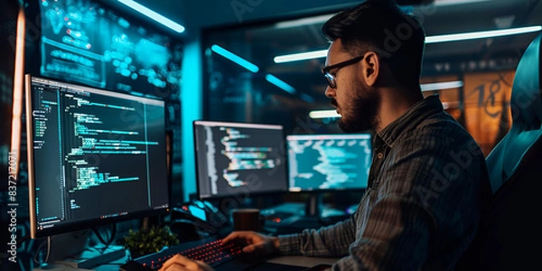 Obraz  Programmer Working in Dark Room | Software Developer Coding at Night