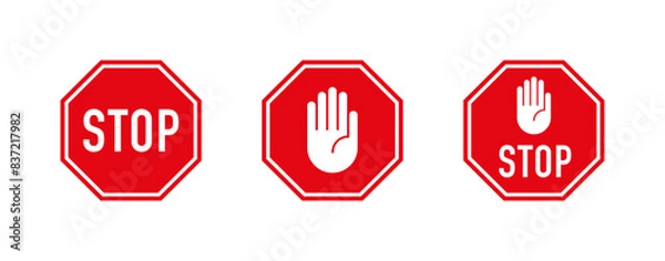 Fototapeta Red stop sign. White text and hand symbol on red traffic sign. Vector illustration.