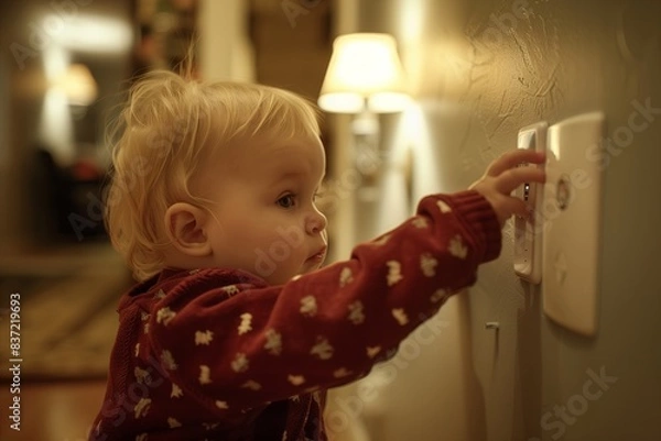 Fototapeta A small child reaches for an electrical outlet. The concept of a potential security threat