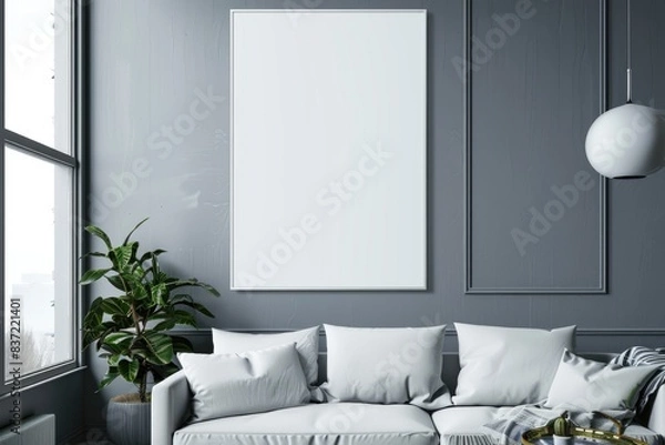 Fototapeta Modern Minimalist Living Room with Blank Canvas and Cozy White Sofa in Industrial Loft
