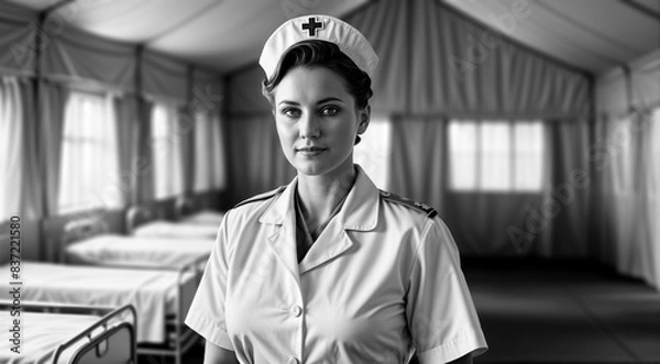 Obraz Monochrome vintage portrait of an female army nurse in a tent hospital during the Second World War. - Generative AI