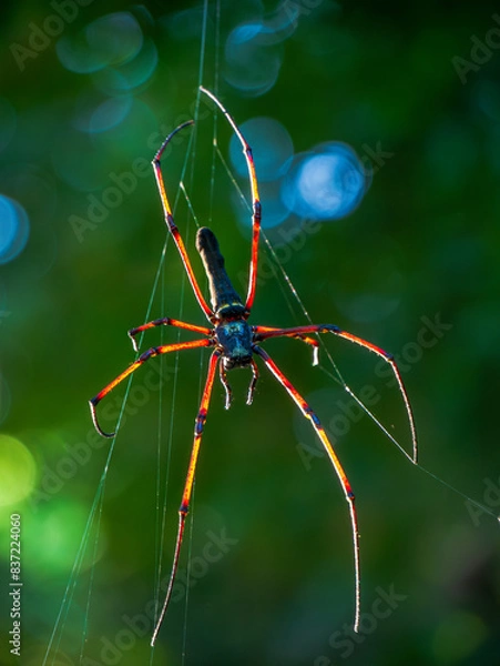Fototapeta Spider in yellow and red colour climbing on web