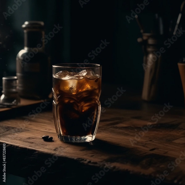 Fototapeta  Refreshing cold coffee on rustic wooden table under cinematic lighting.