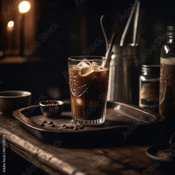 Fototapeta  Refreshing cold coffee on rustic wooden table under cinematic lighting.